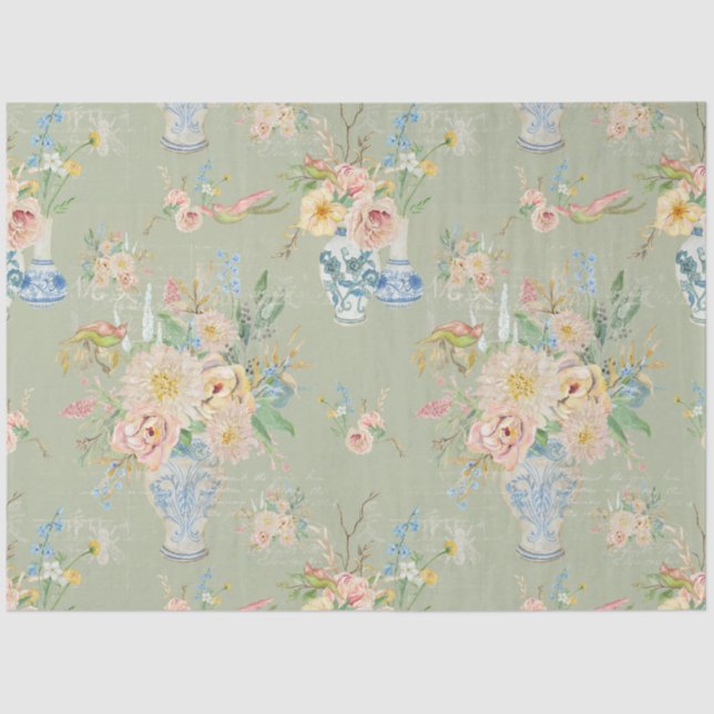 Chinoiserie Floral Vases Peony Sage Decoupage Tissue Paper (Front)