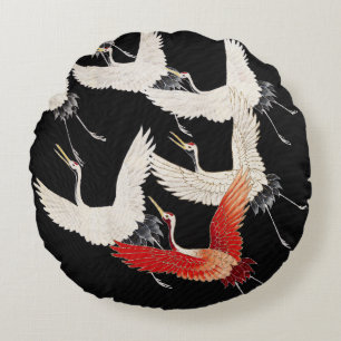 Chinoiserie Flying Crane Zen Minimalist Kimono Art Round Cushion