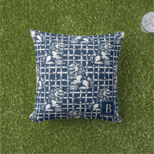 Chinoiserie Foo Dog - Navy Bamboo Lattice Cushion