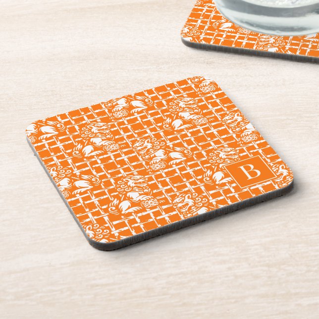 Chinoiserie Foo Dog - Orange Bamboo Lattice  Coaster (Left Side)