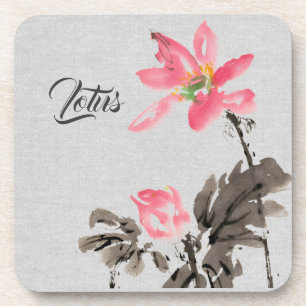 Chinoiserie Freehand Watercolor Floral Lotus Beve Coaster