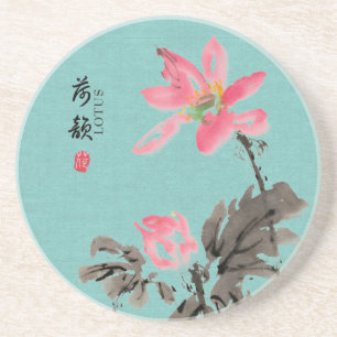 Chinoiserie Freehand Watercolor Floral Lotus  Coaster