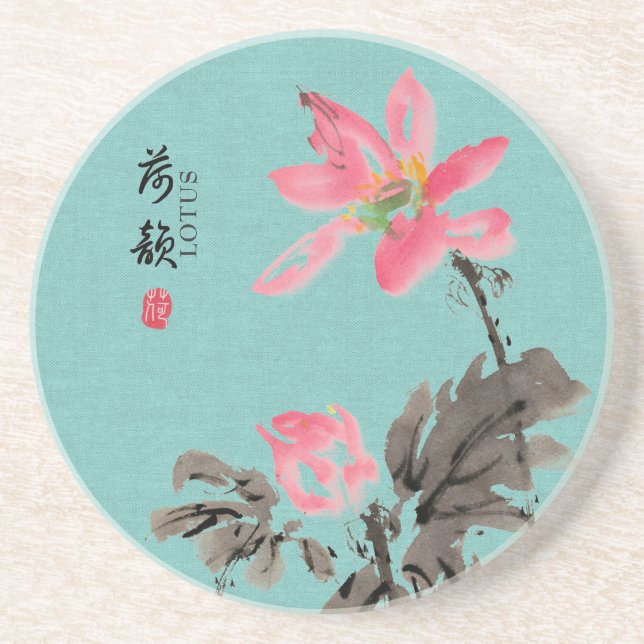 Chinoiserie Freehand Watercolor Floral Lotus  Coaster (Front)