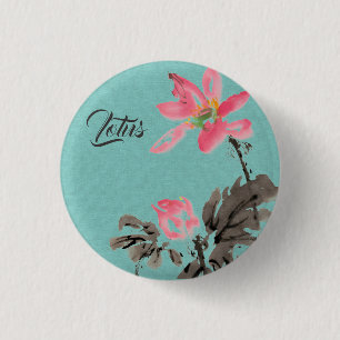 Chinoiserie Freehand Watercolor Floral Lotus Green 3 Cm Round Badge