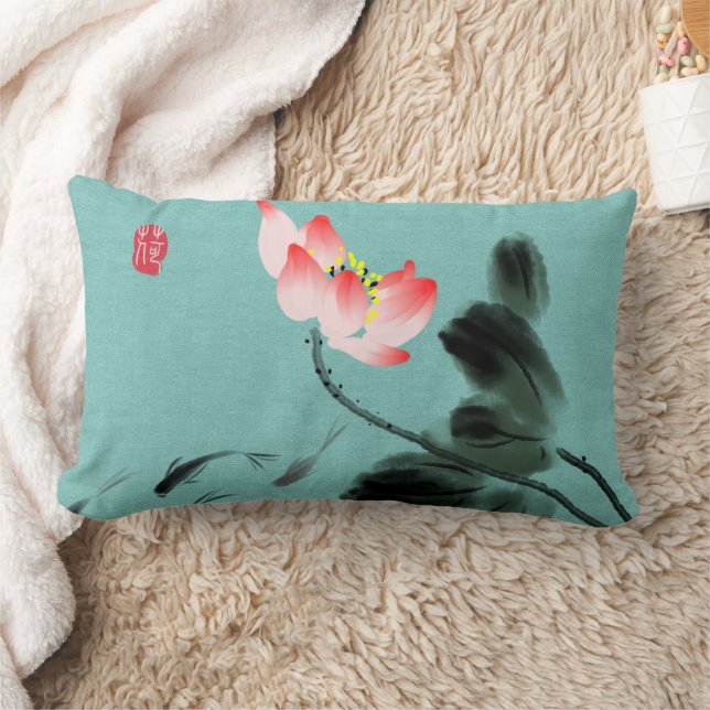 Chinoiserie Freehand Watercolor Lotus Flower Fish Lumbar Cushion (Blanket)