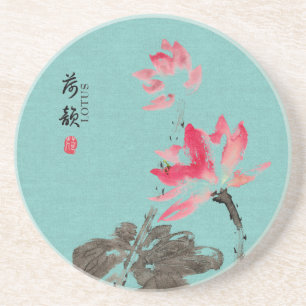 Chinoiserie Freehand Watercolor Lotus Flower Green Coaster