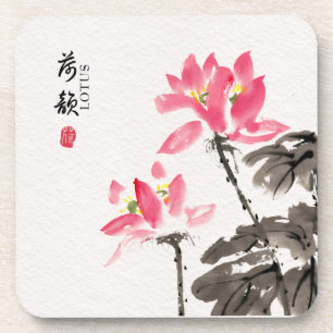 Chinoiserie Freehand Watercolor Lotus Flowers Coaster