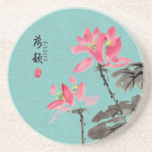 Chinoiserie Freehand Watercolor Lotus Flowers  Coaster