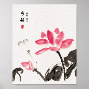 Chinoiserie Freehand Watercolor Lotus Flowers  Poster