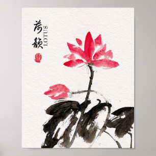 Chinoiserie Freehand Watercolor Lotus Flowers  Poster