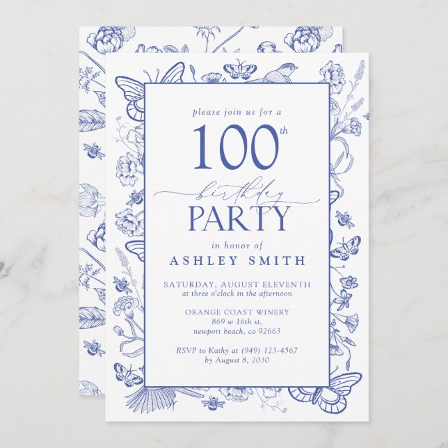Chinoiserie French Blue 100th Birthday Party Invitation (Front/Back)