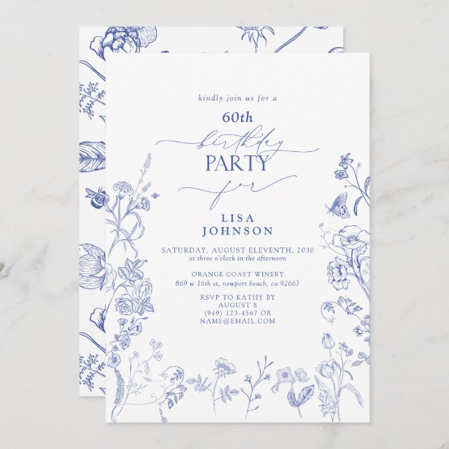 Chinoiserie French Blue Floral 60th Birthday Invitation (Front/Back)