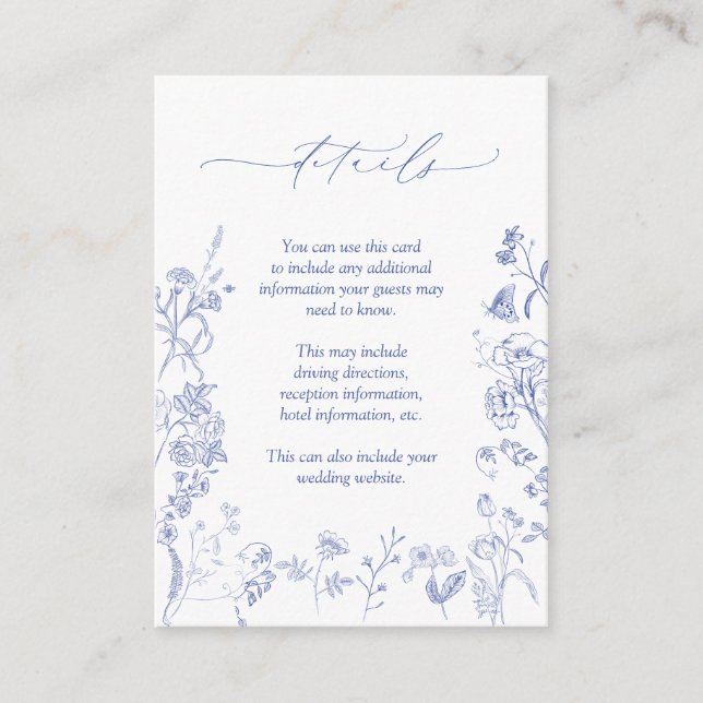 Chinoiserie French Blue Floral Wedding Details Enclosure Card (Front)