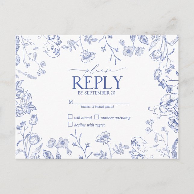 Chinoiserie French Blue Victorian Floral RSVP  Invitation Postcard (Front)