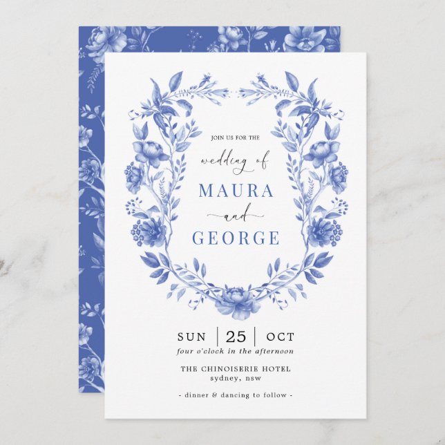 Chinoiserie Garden Delft Blue Floral Crest Wedding Invitation (Front/Back)