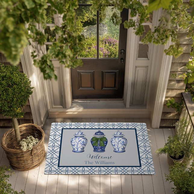 Chinoiserie Ginger Jar Custom Name Welcome Doormat (Ginger Jar Chinoiserie custom name personalized doormat)