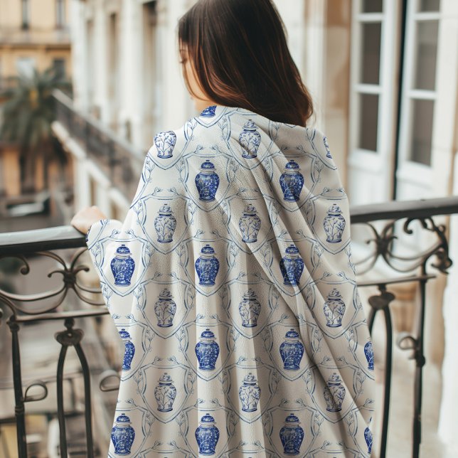 Chinoiserie Ginger Jar Monogram  Fleece Blanket (Ginger Jar Fleece Blanket)