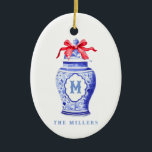 Chinoiserie Ginger Jar Monogram | Red Bow Ceramic Ornament<br><div class="desc">This chic design features chinoiserie ginger jar with a blue monogram and a red bow. You can personalise with your monogram initial and your name.</div>