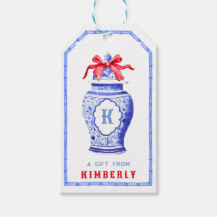 Chinoiserie Ginger Jar Monogram Red Bow Gift Tags