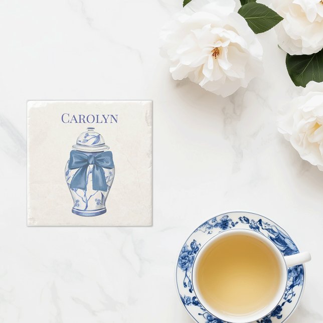 Chinoiserie Ginger Jar with Blue Bow  Stone Coaster (Personalized white ginger jar bow stone coaster custom name)