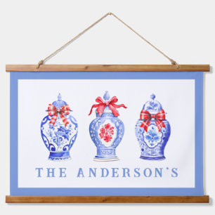 Chinoiserie Ginger Jar With Red Bow   Christmas Hanging Tapestry