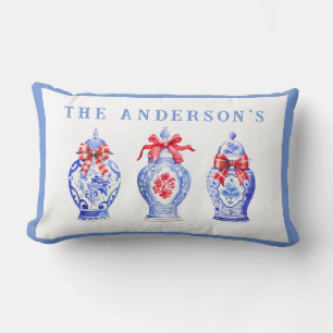 Chinoiserie Ginger Jar With Red Bow  Lumbar Cushion