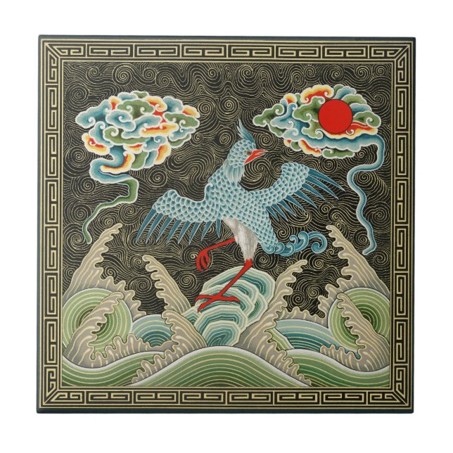 Chinoiserie Golden Crane Bird & Sea Wave Pattern Ceramic Tile (Front)