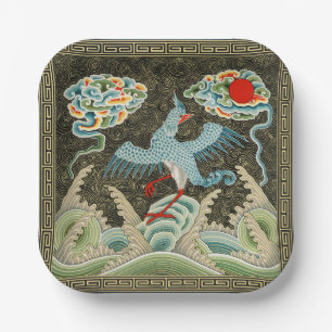Chinoiserie Golden Crane Bird & Sea Wave Pattern Paper Plate