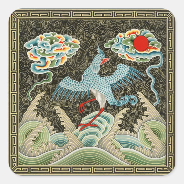 Chinoiserie Golden Crane Bird & Sea Wave Pattern Square Sticker (Front)