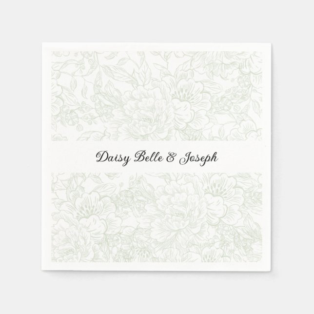 Chinoiserie Green Sage Peony Wedding Napkin (Front)