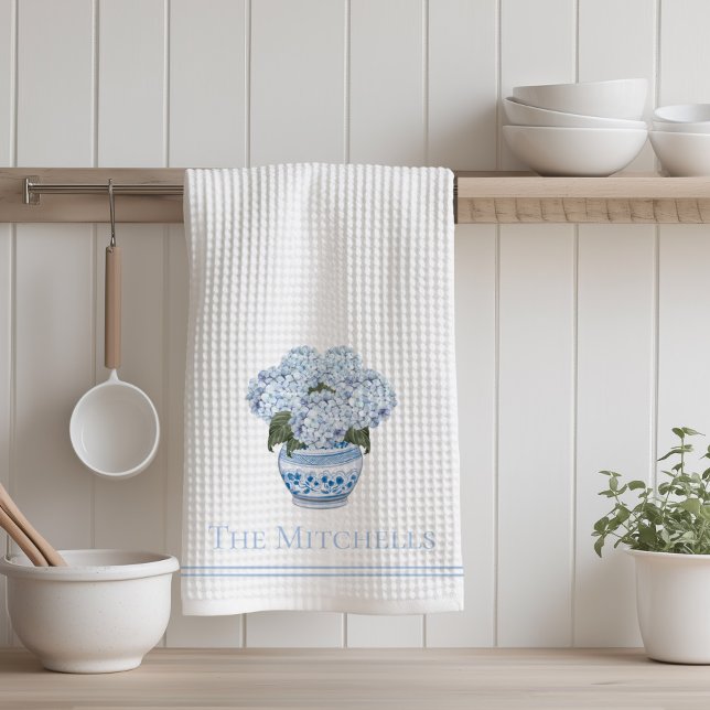 Chinoiserie Hydrangea Flowers Blue  Tea Towel (Chinoiserie Hydrangea Kitchen Towel)