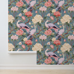 Chinoiserie Jade Flowers & Egrets Pattern Wallpaper