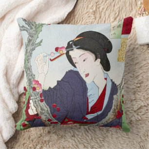 Chinoiserie Japanese Lady & Red Cherry Blossom Cushion