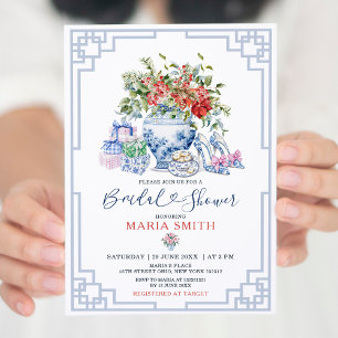 Chinoiserie Jar Red Floral Christmas Bridal Shower Invitation