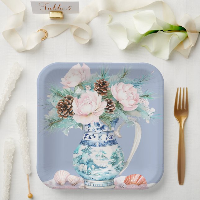 Chinoiserie Jug with Pinecones and Seashells  Paper Plate (Wedding)