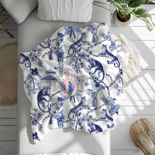 Chinoiserie Jungle Toile   Blue & White Monogram  Fleece Blanket