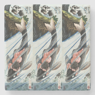 Chinoiserie Koi Carp Waterfall Japanese Art Stone Coaster