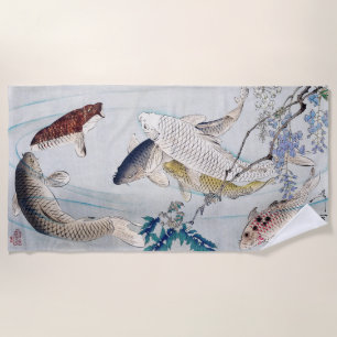 Chinoiserie Koi Fish & Purple Wisteria Print Beach Towel
