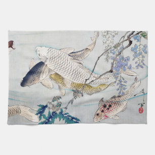 Chinoiserie Koi Fish & Purple Wisteria Print Tea Towel