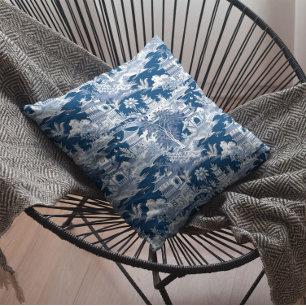 Chinoiserie Landscape Painting Blue White Cushion