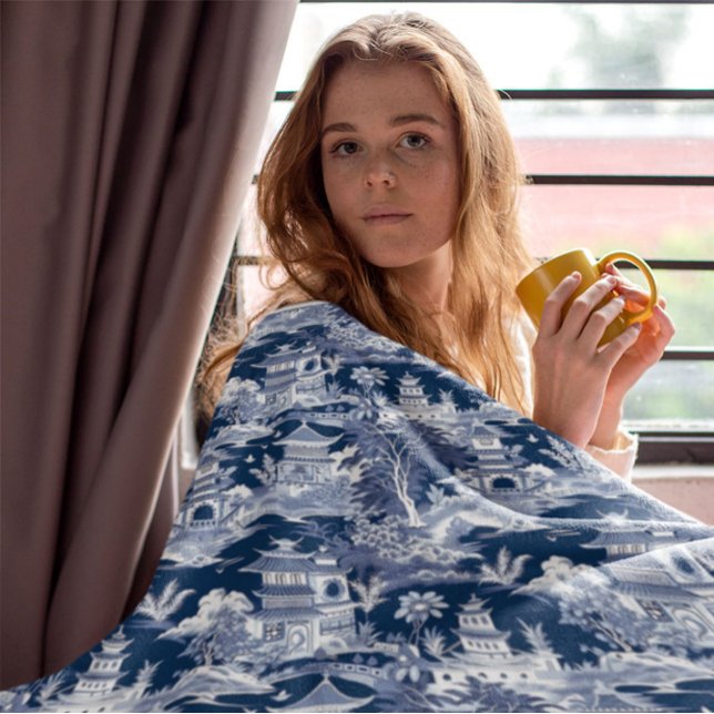 Chinoiserie Landscape Painting Blue White Throw Blanket (Creator Uploaded)