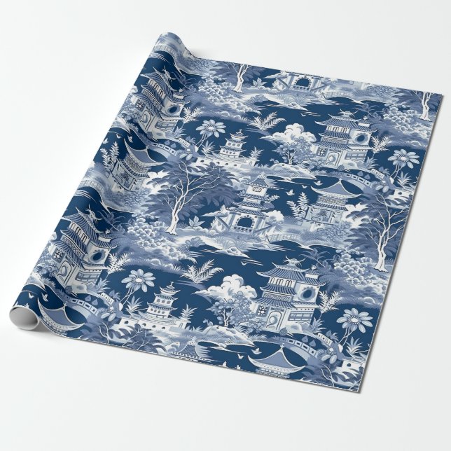 Chinoiserie Landscape Painting Blue White Wrapping Paper (Unrolled)