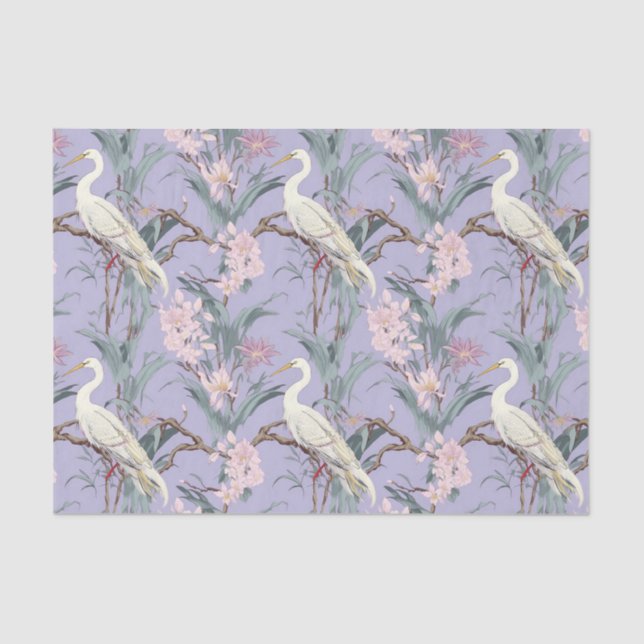 Chinoiserie Lavender Floral Egret Tissue Paper (Front)