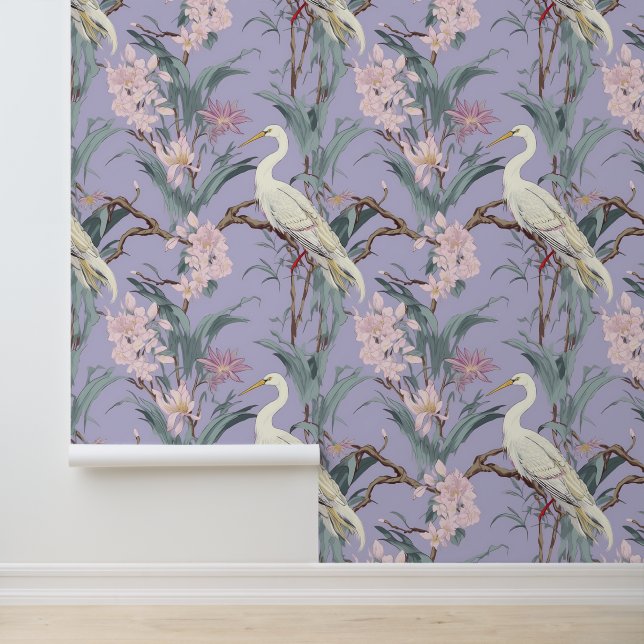 Chinoiserie Lavender Flowers & Egrets Pattern Wallpaper (Application)