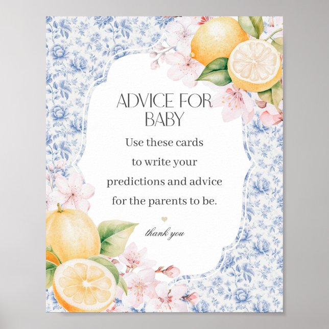 Chinoiserie Lemon Tea Advice for Baby Shower Poster (Front)