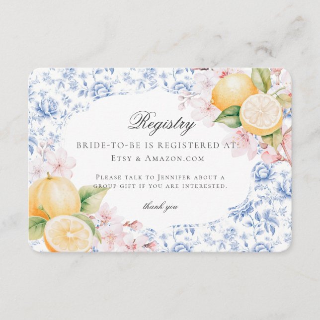 Chinoiserie Lemon Tea Bridal Shower Toile Registry Enclosure Card (Front)