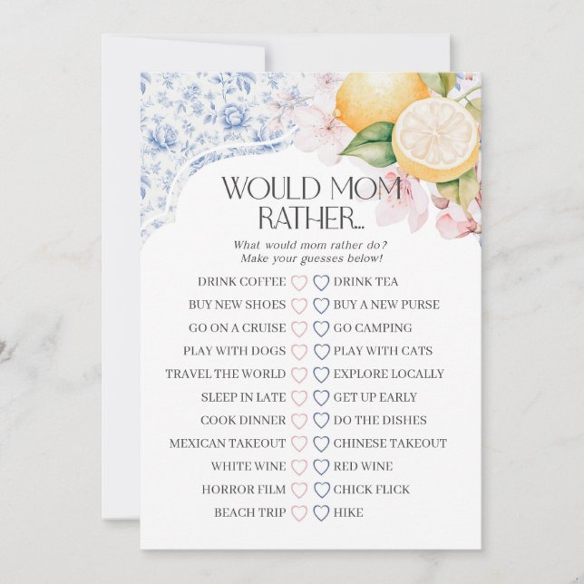 Chinoiserie Lemon Tea Party Would Mum Rather Game Invitation (Front)