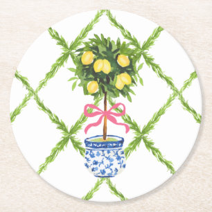 Chinoiserie Lemon Topiary Green and White Floral Round Paper Coaster