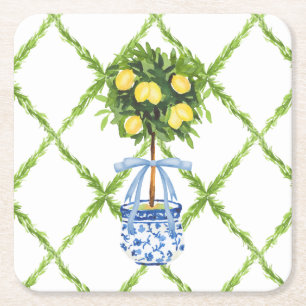 Chinoiserie Lemon Topiary with Blue Bow Square Paper Coaster