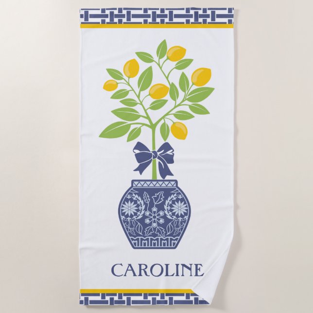 Chinoiserie Lemon Tree Personalised Beach Towel (Front)